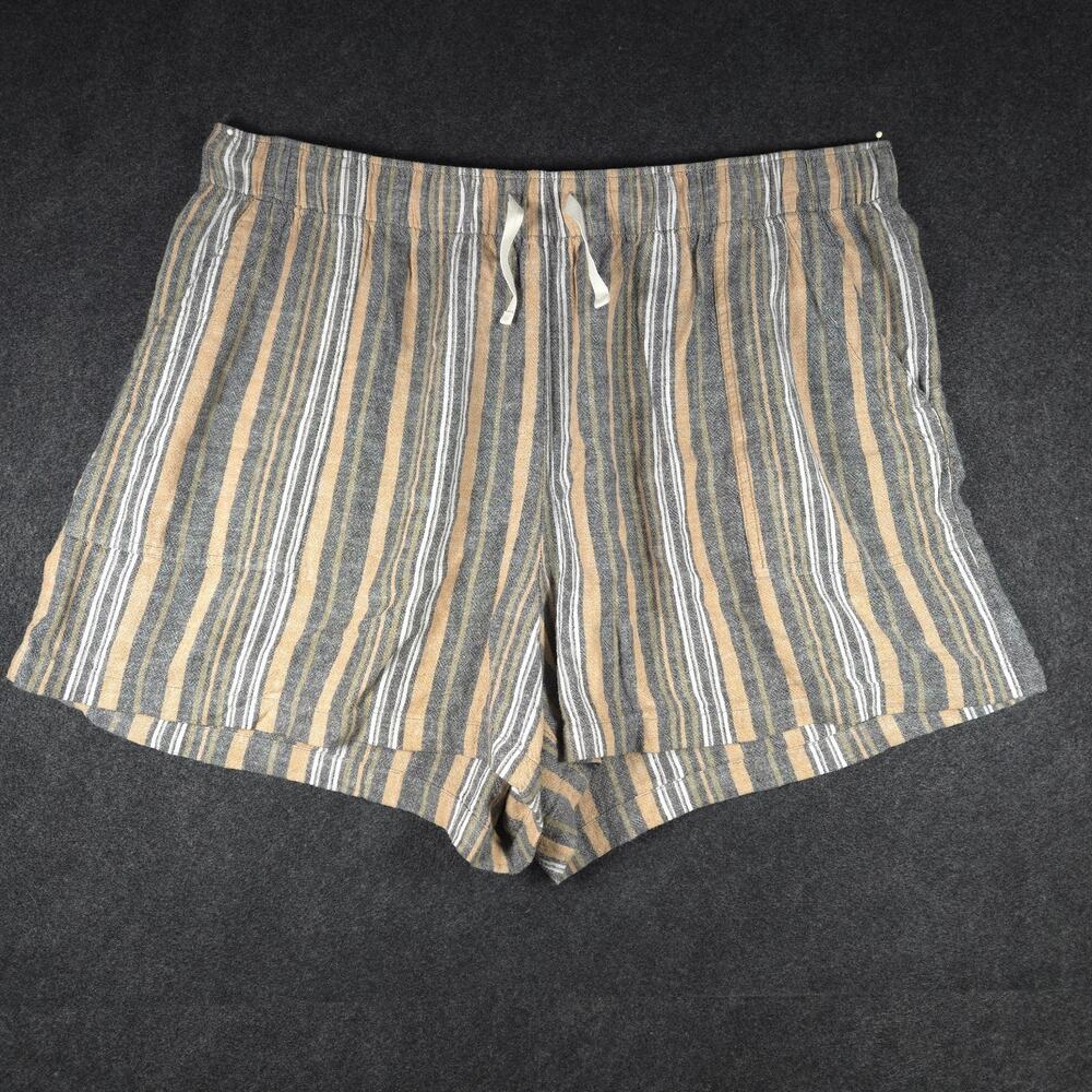 LUCKY BRAND Linen Blend Shorts Size XL Tan Gray Stripe Elastic Waist Boho Beachy